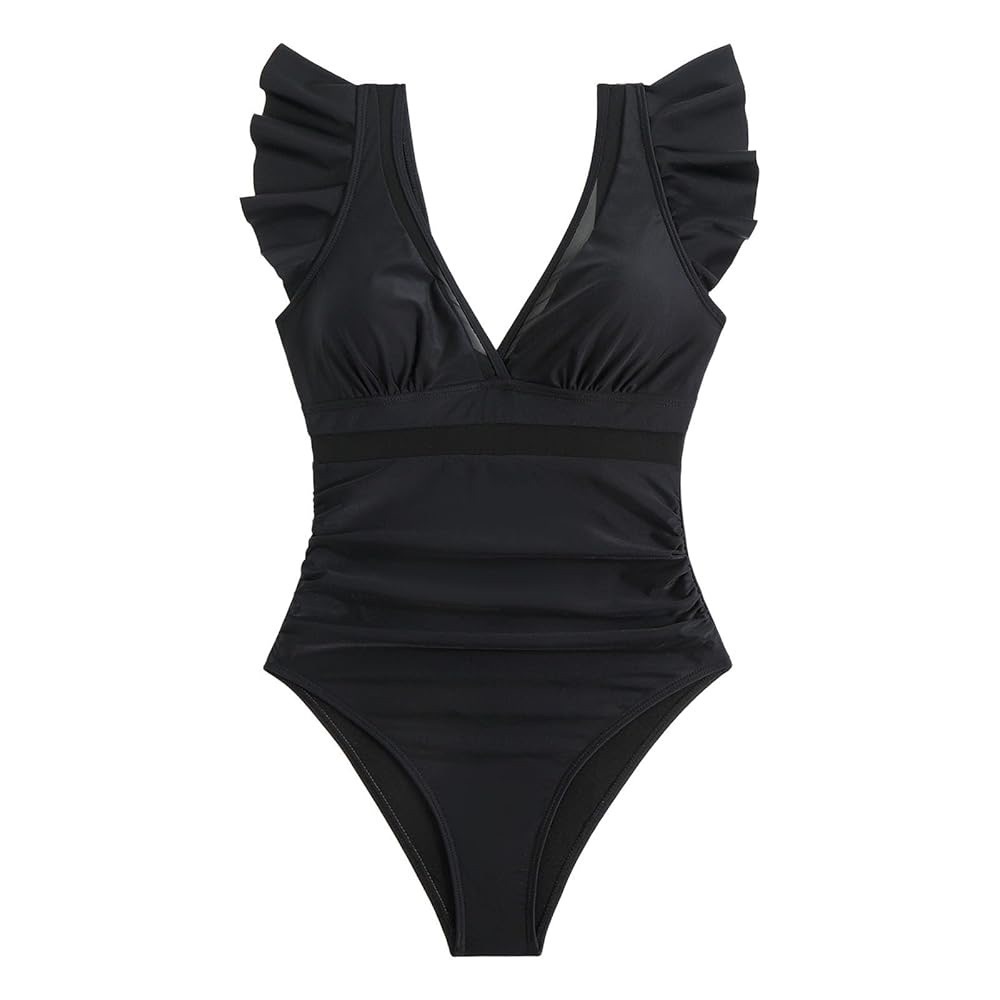 Women One Piece Swimsuit Tummy Control Bathing Suit Ruffled V Neck Swimwear